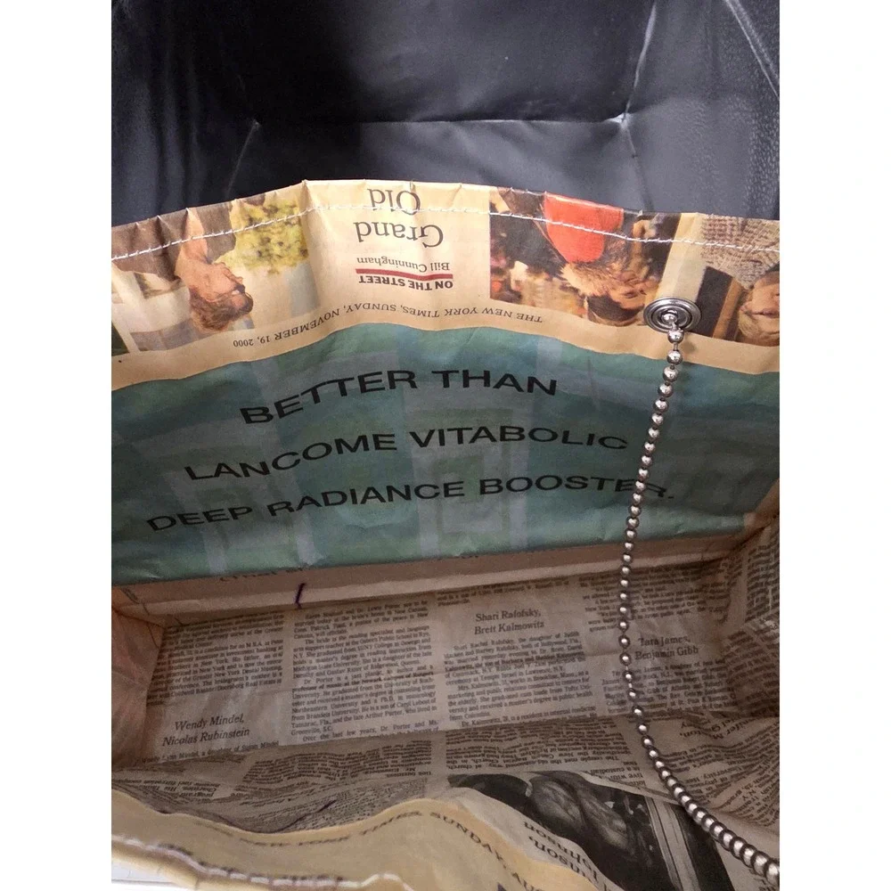 Vintage Y2K Newspaper Print Coated Tote Bag Silver Ball Chain Handle Shopper